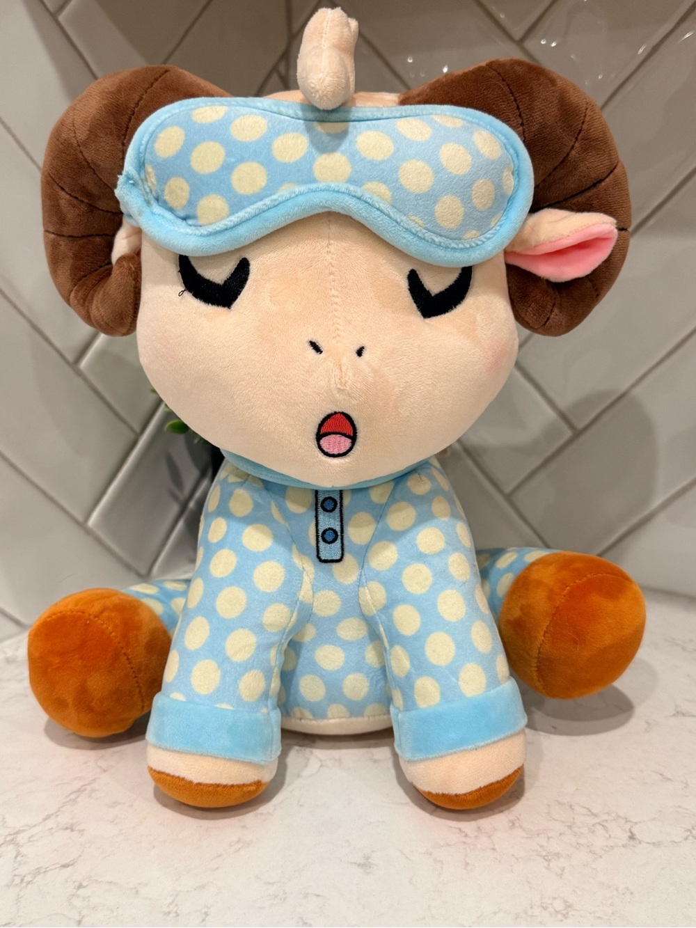 Sleepy Ram Plush Toy in Light Blue Polka Pajamas